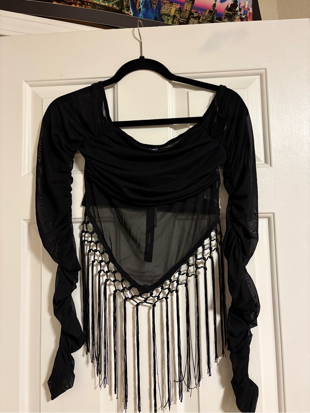 Fashion Nova Black Long Sleeve Mesh Fringe Dress